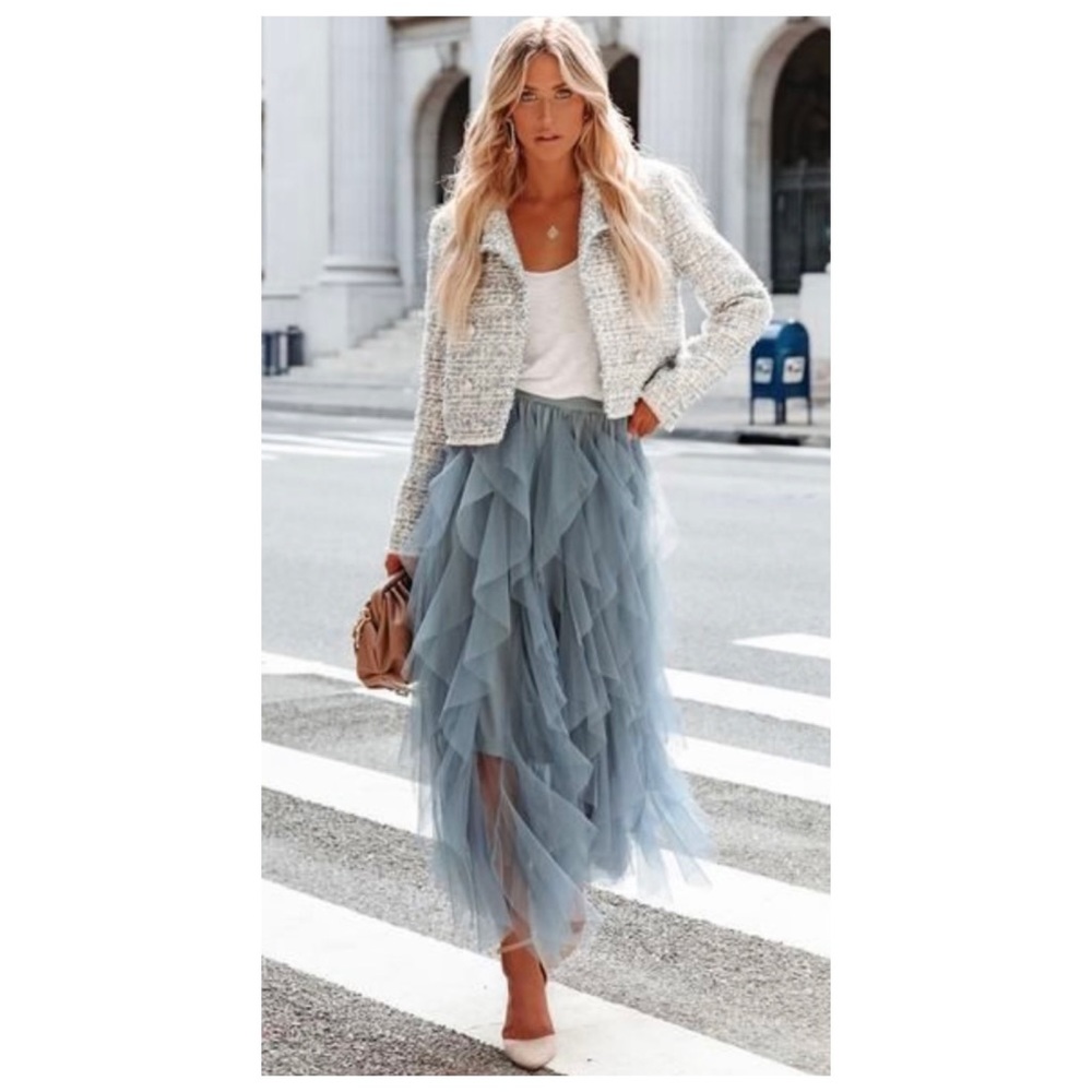 NWOT Anthropologie Ruffled Tulle Midi Skirt in Sky Blue  Size XSmall